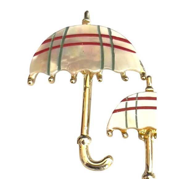 Lot of 2 Umbrella Pins BroochStriped Shell Red/Green Gold Tone Handles - Picture 2 of 5